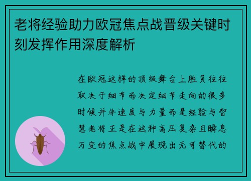 老将经验助力欧冠焦点战晋级关键时刻发挥作用深度解析