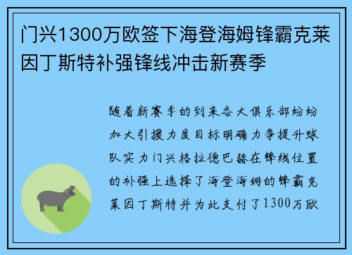 门兴1300万欧签下海登海姆锋霸克莱因丁斯特补强锋线冲击新赛季